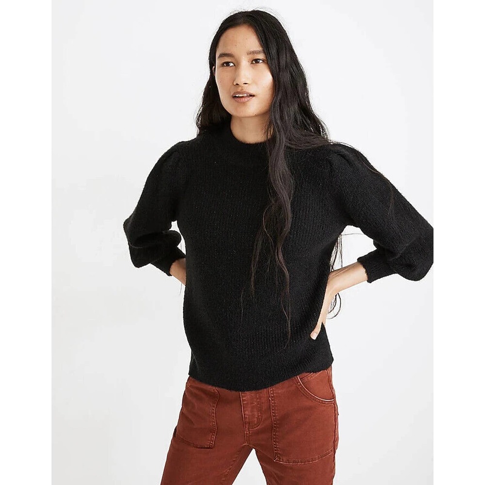 Madewell Eaton Puff Sleeve Pullover Sweater Black Women's Size Medium H13972 - Picture 1 of 12